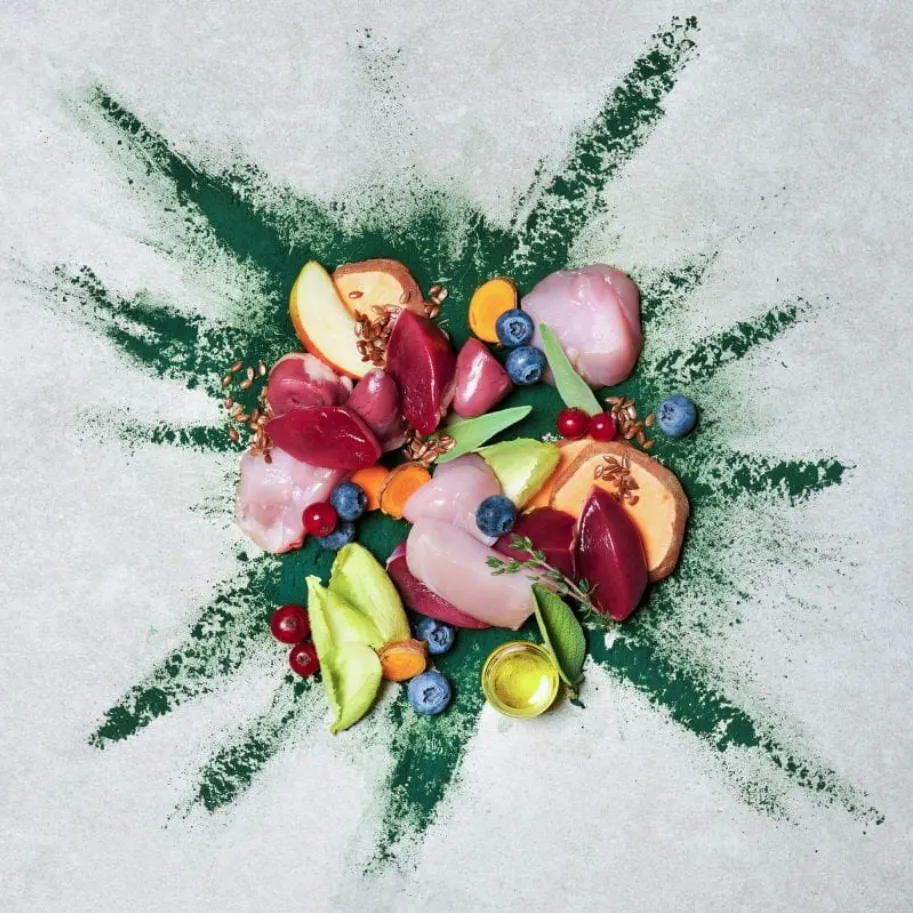 Menú pollo y conejo con boniato, pera y arándanos 400g